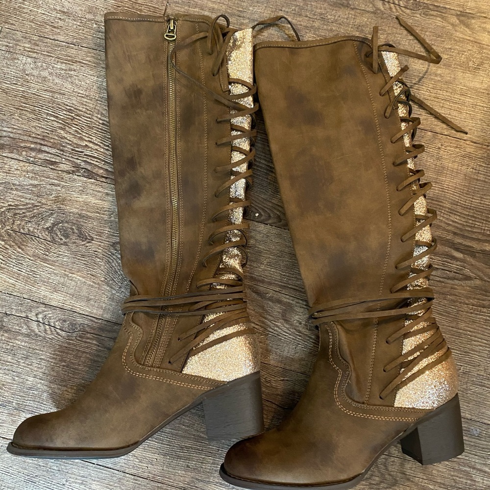Brown Glitter Knee High Boots